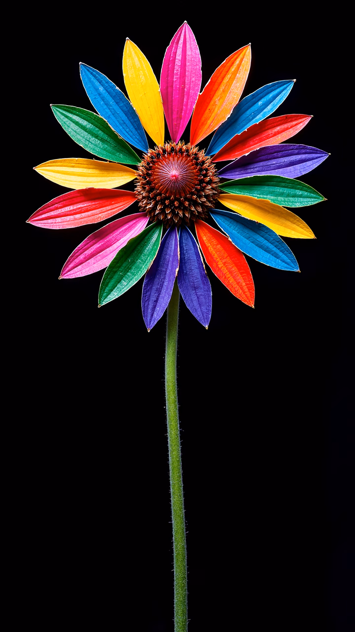 Vibrant rainbow flower against a black backdrop, symbolizing joy and diversity.