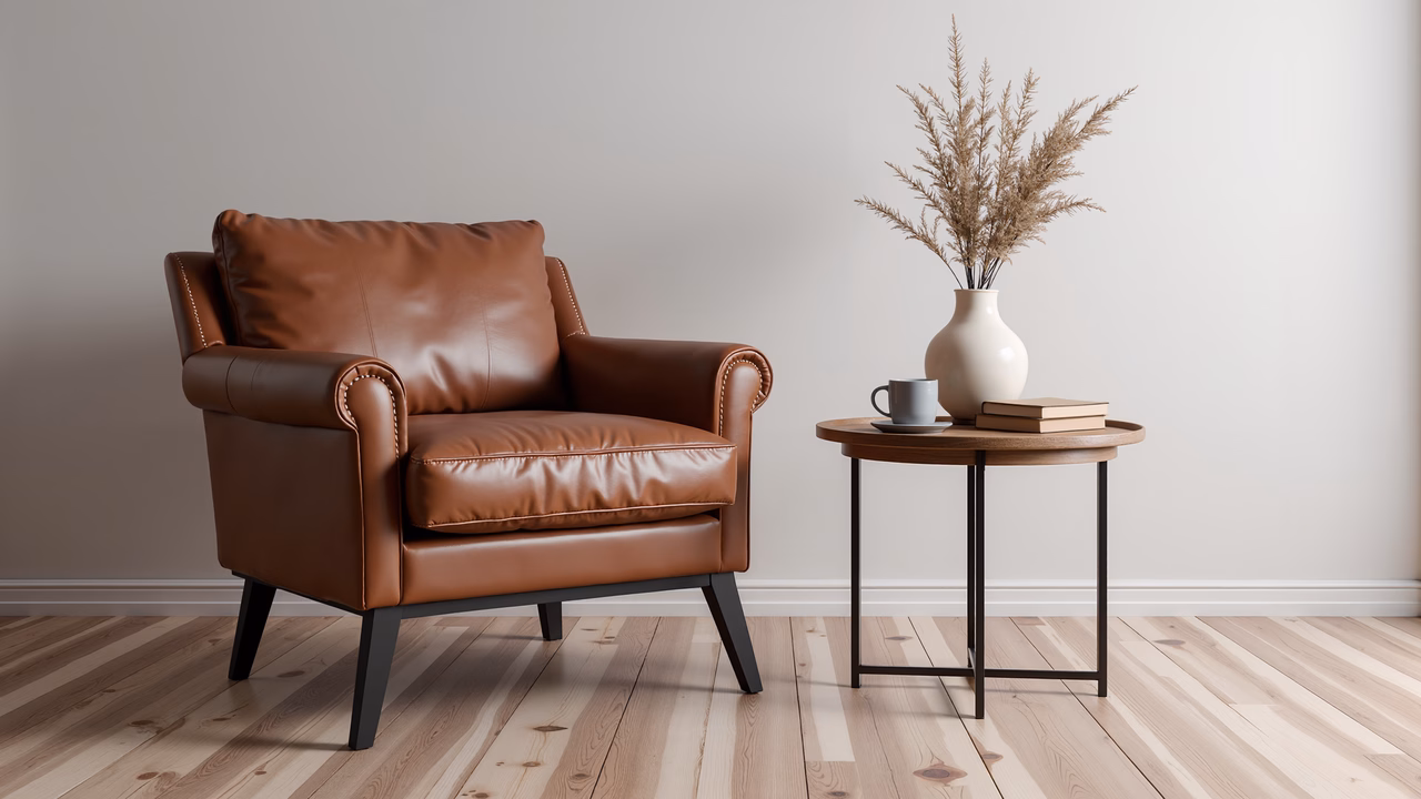 Cozy leather armchair paired with a wooden side table, featuring dried grasses and books, creating a serene interior space.