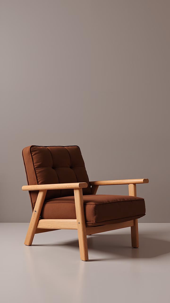 Modern wooden armchair with plush cushions against a neutral backdrop.