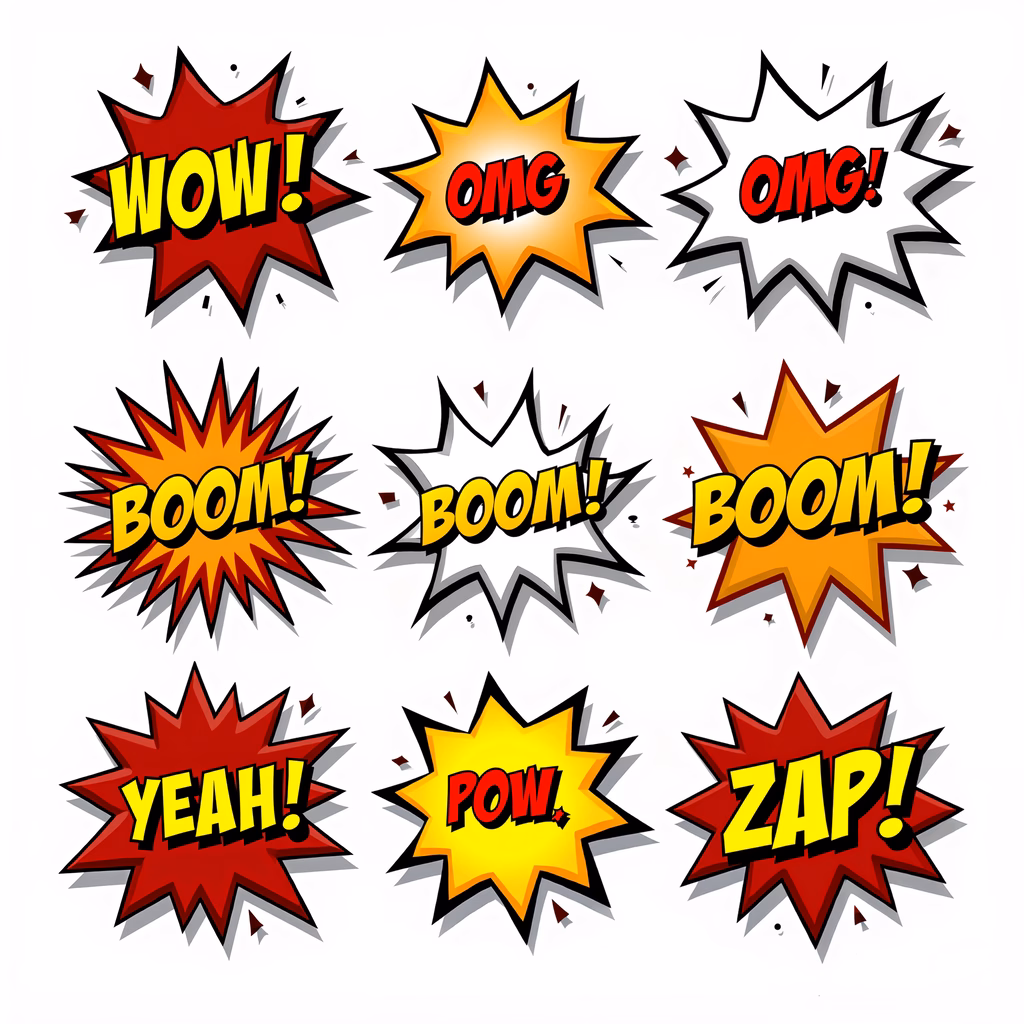 Brightly colored comic sound effects in a cartoon style.