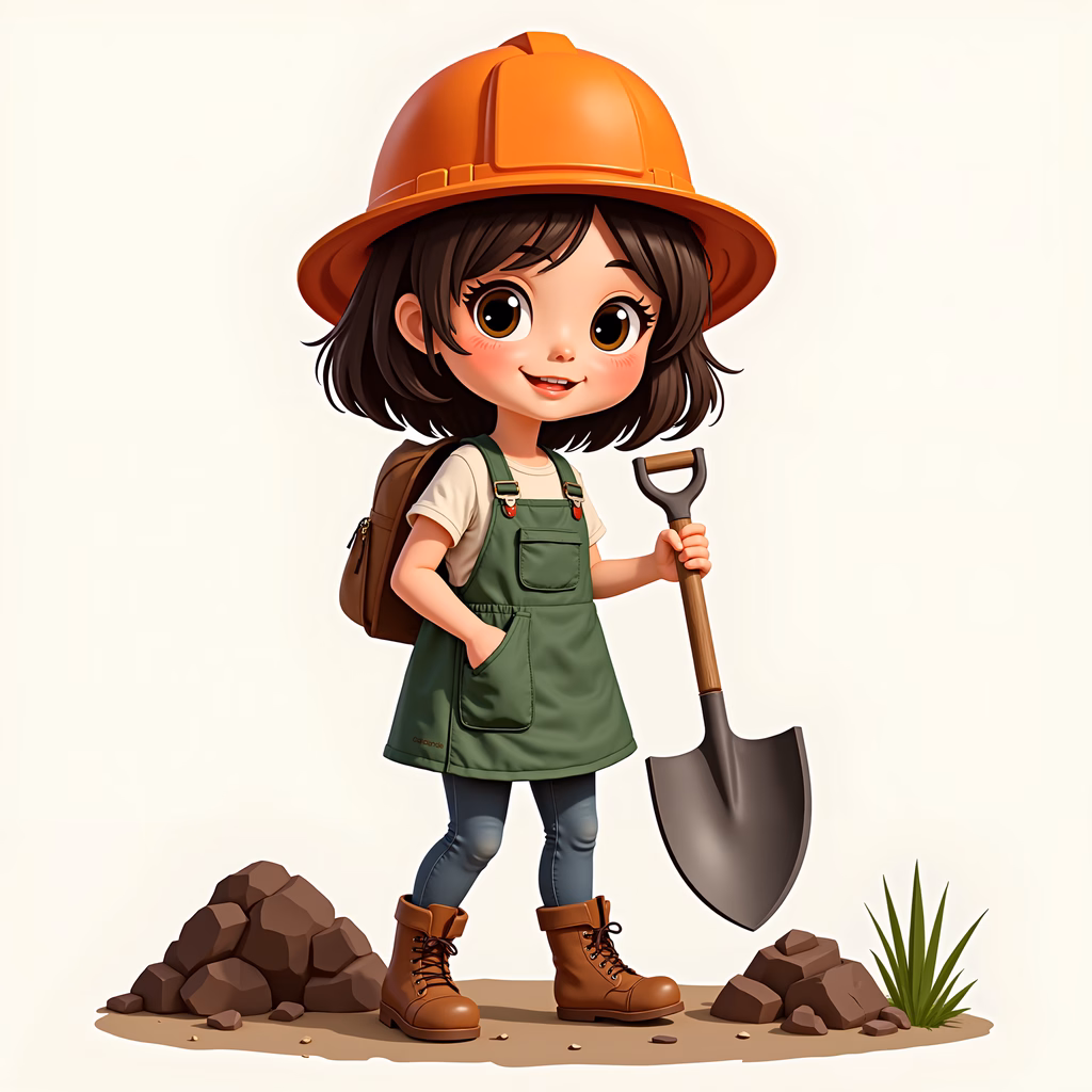 A little girl dressed as a construction worker, ready to dig with a shovel and wearing a hard hat and boots.