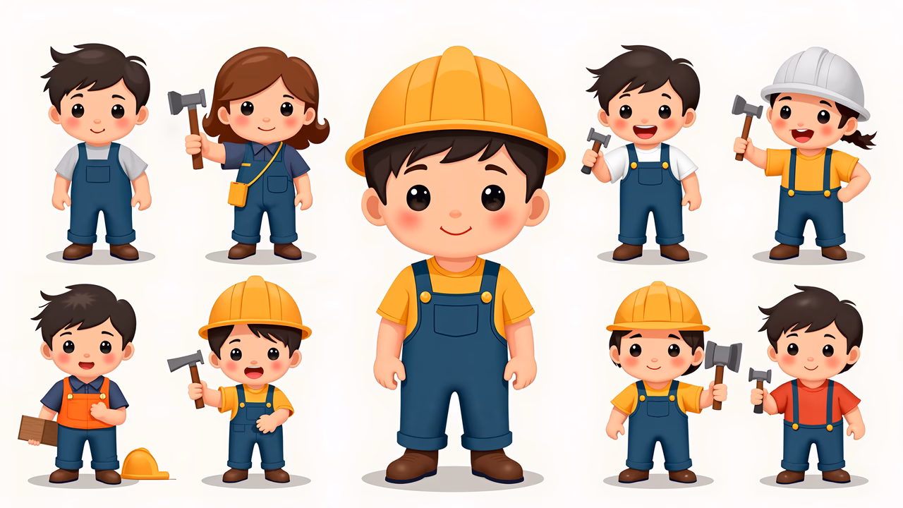 Brightly colored children dressed as construction workers in a playful illustration.