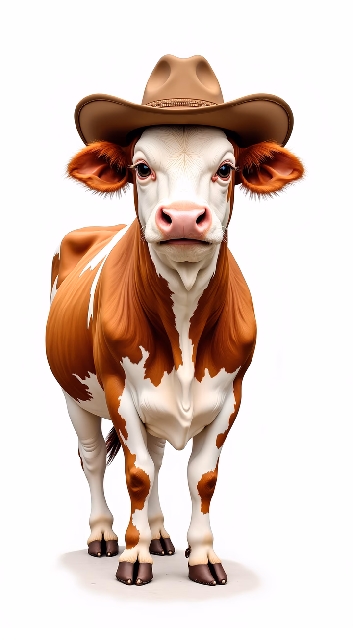 Cartoon cow wearing a cowboy hat, standing against a white background.
