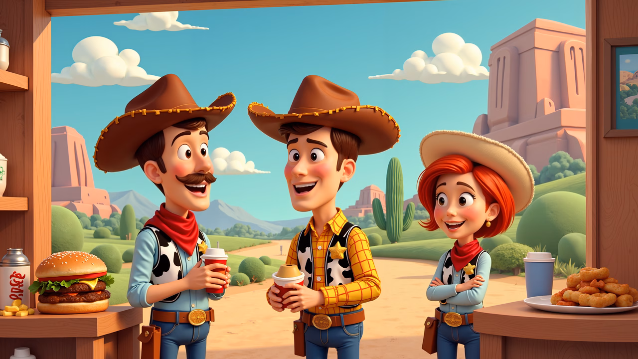 Three cowboys enjoying a sunny day in the Wild West, sharing food and camaraderie.