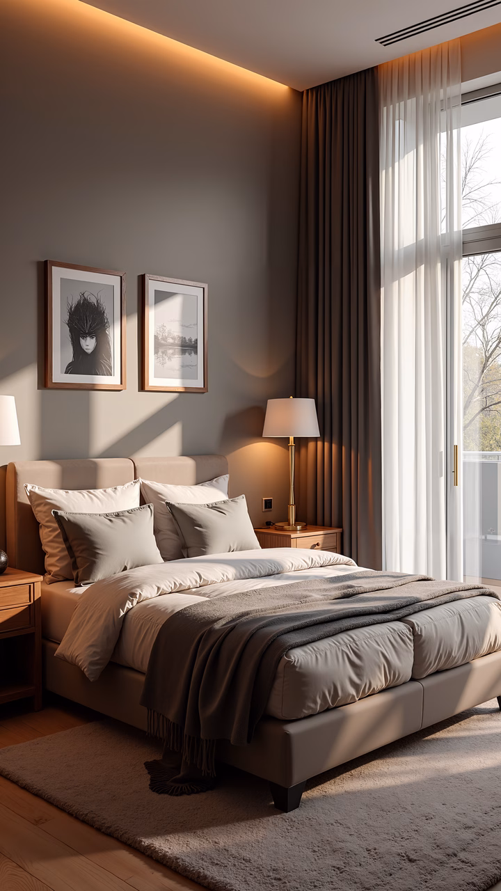 A peaceful bedroom with neutral tones and natural light.