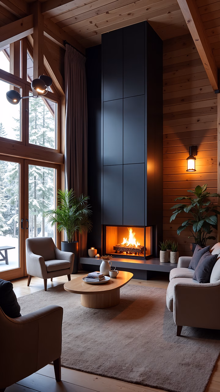 Warm cabin interior with fireplace and snowy forest view.