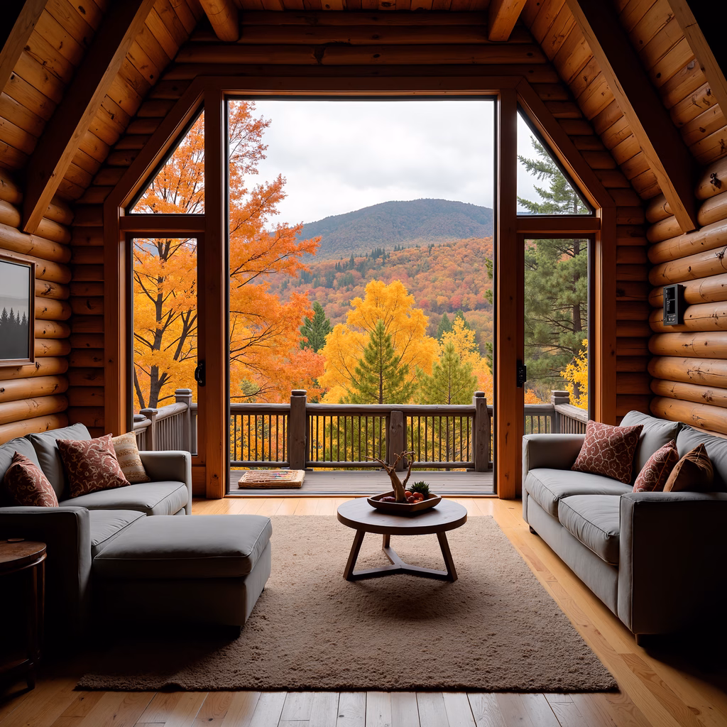 A tranquil cabin interior with autumn views and cozy furnishings.