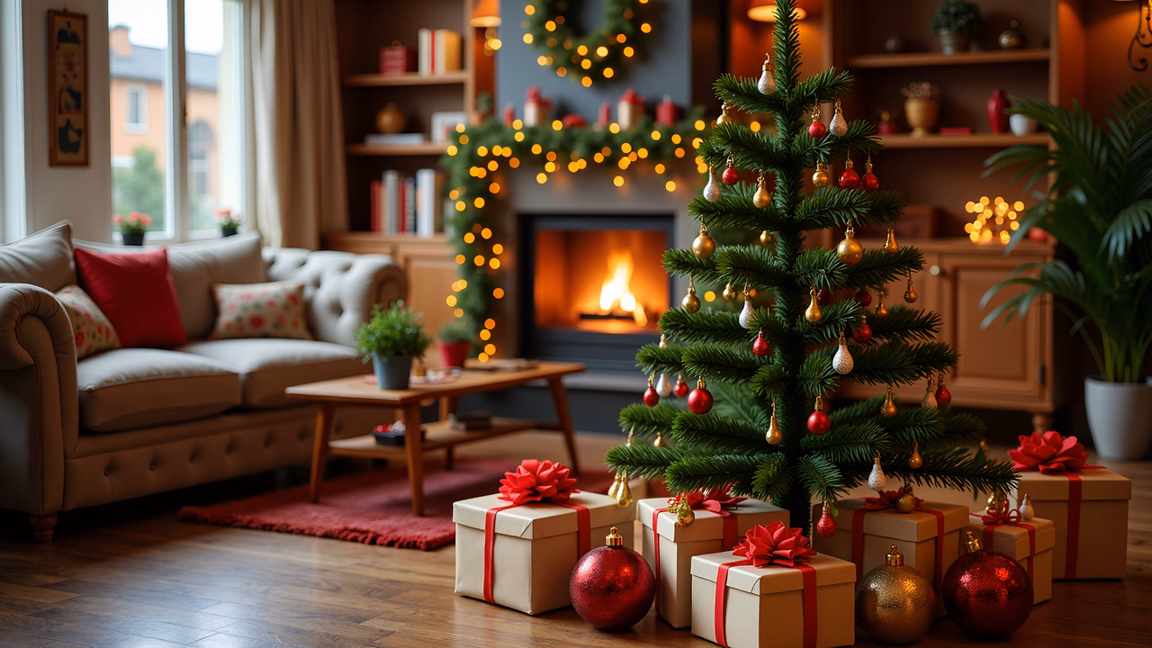 Warm Christmas interior with tree, gifts, and fireplace.