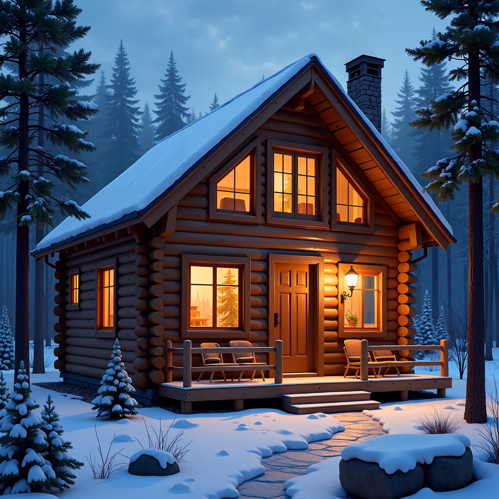 A warm, inviting log cabin in a snowy forest setting.