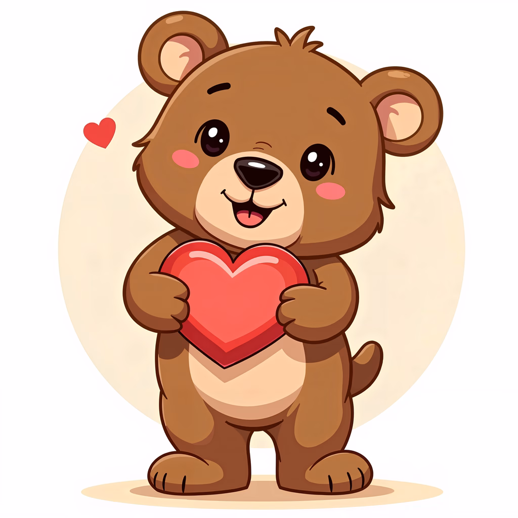 A cute bear holding a heart, perfect for Valentine's Day or children's themes.