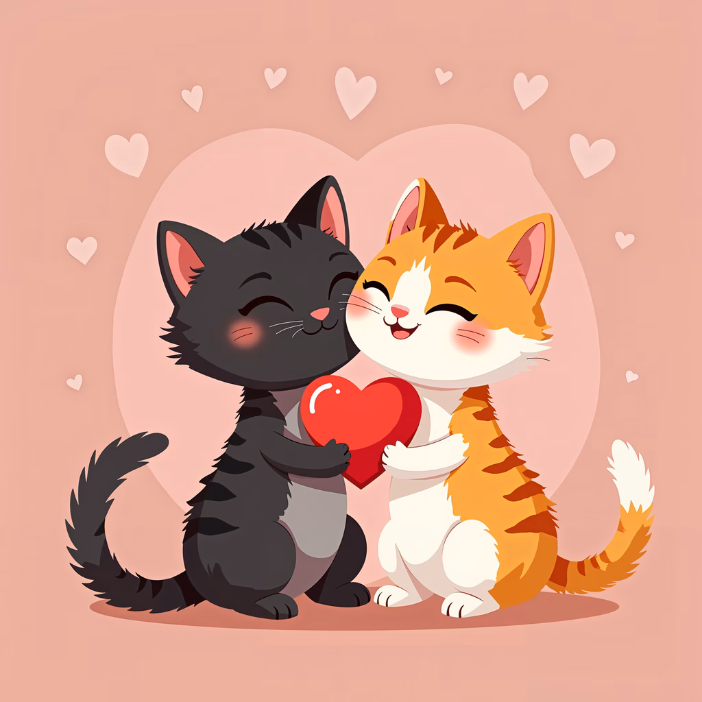 Two cute cats cuddling with a heart, symbolizing love and affection.