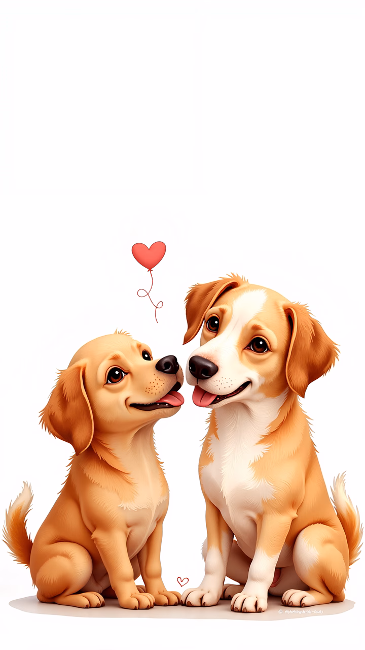 Two cute puppies sharing a tender moment with a heart balloon.