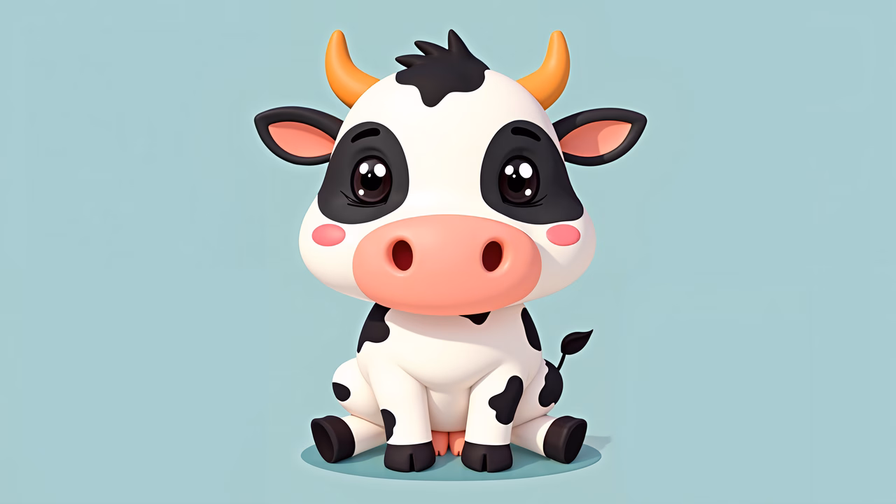 A delightful cartoon cow with big eyes and black spots, set against a soft blue background.