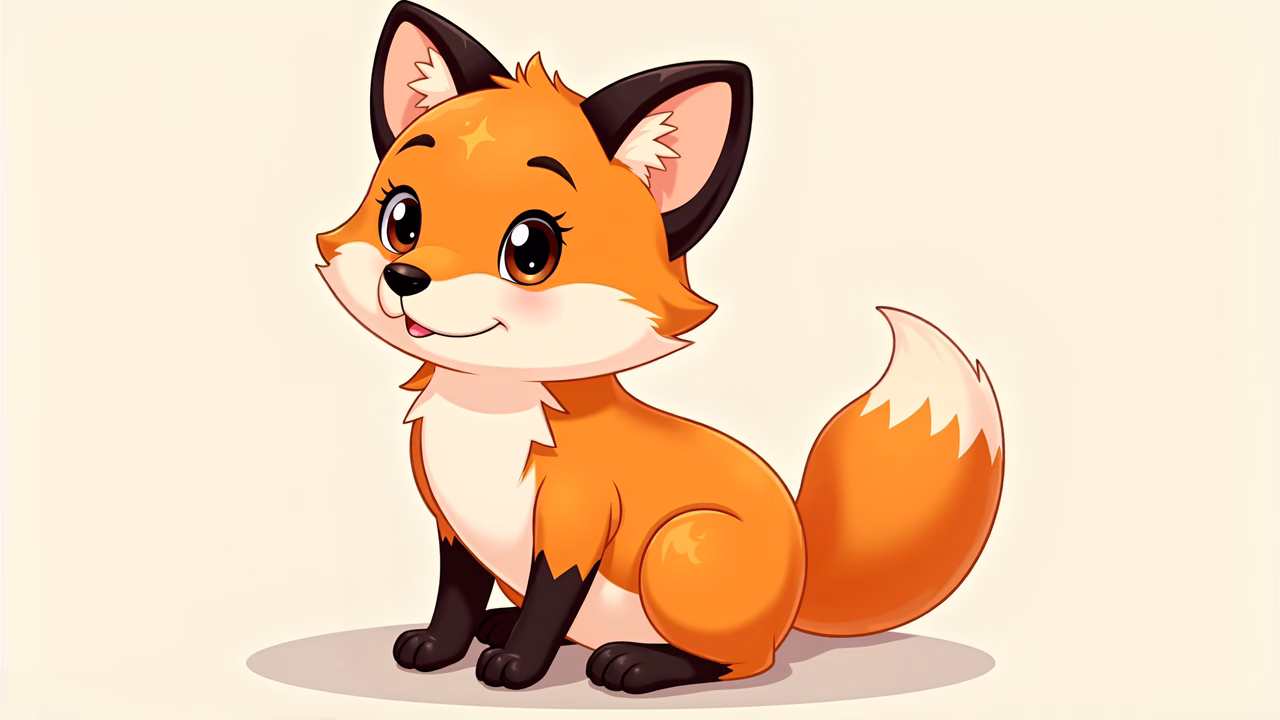 A cheerful cartoon fox with expressive eyes and a friendly smile, set against a soft beige background.