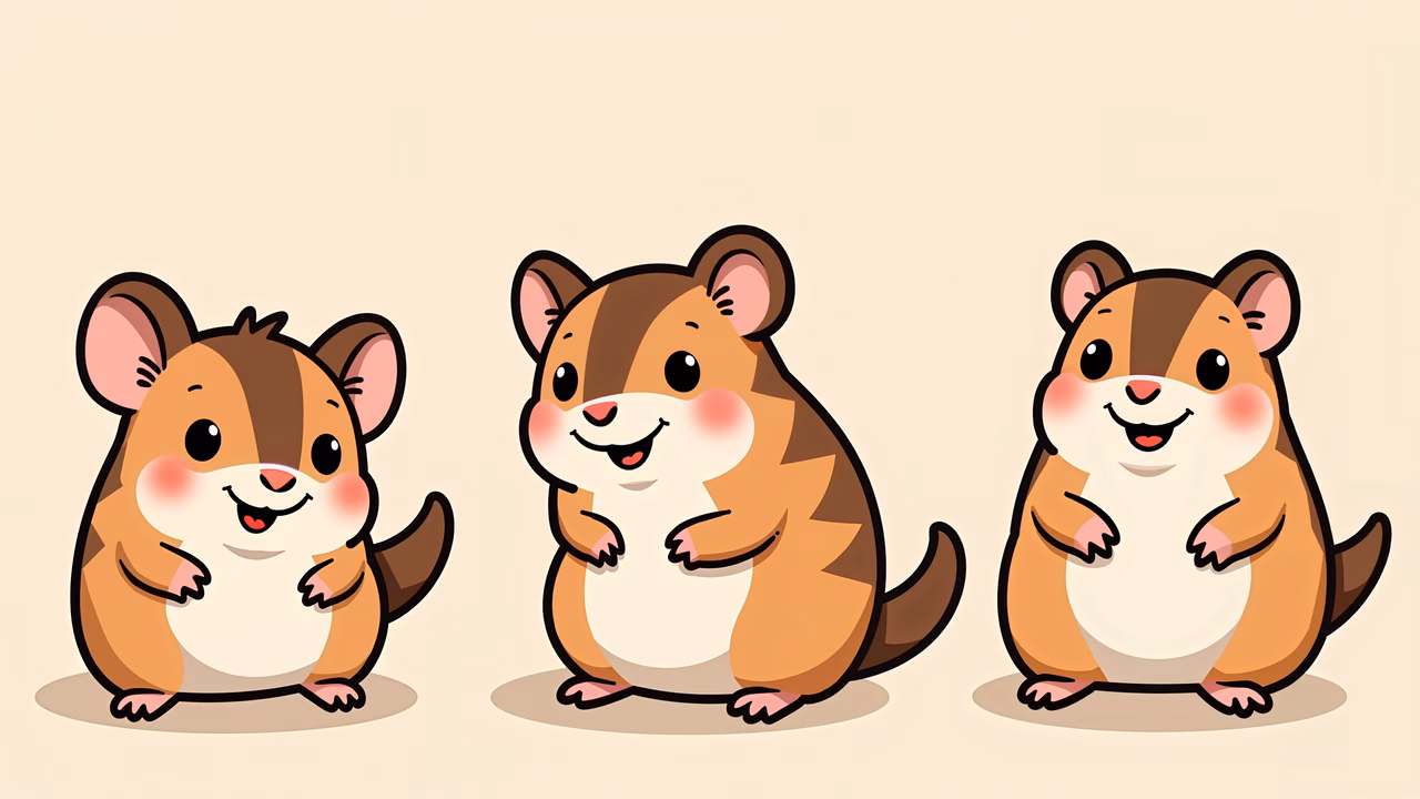 Three cute hamsters with expressive faces and warm colors in a cartoon style.