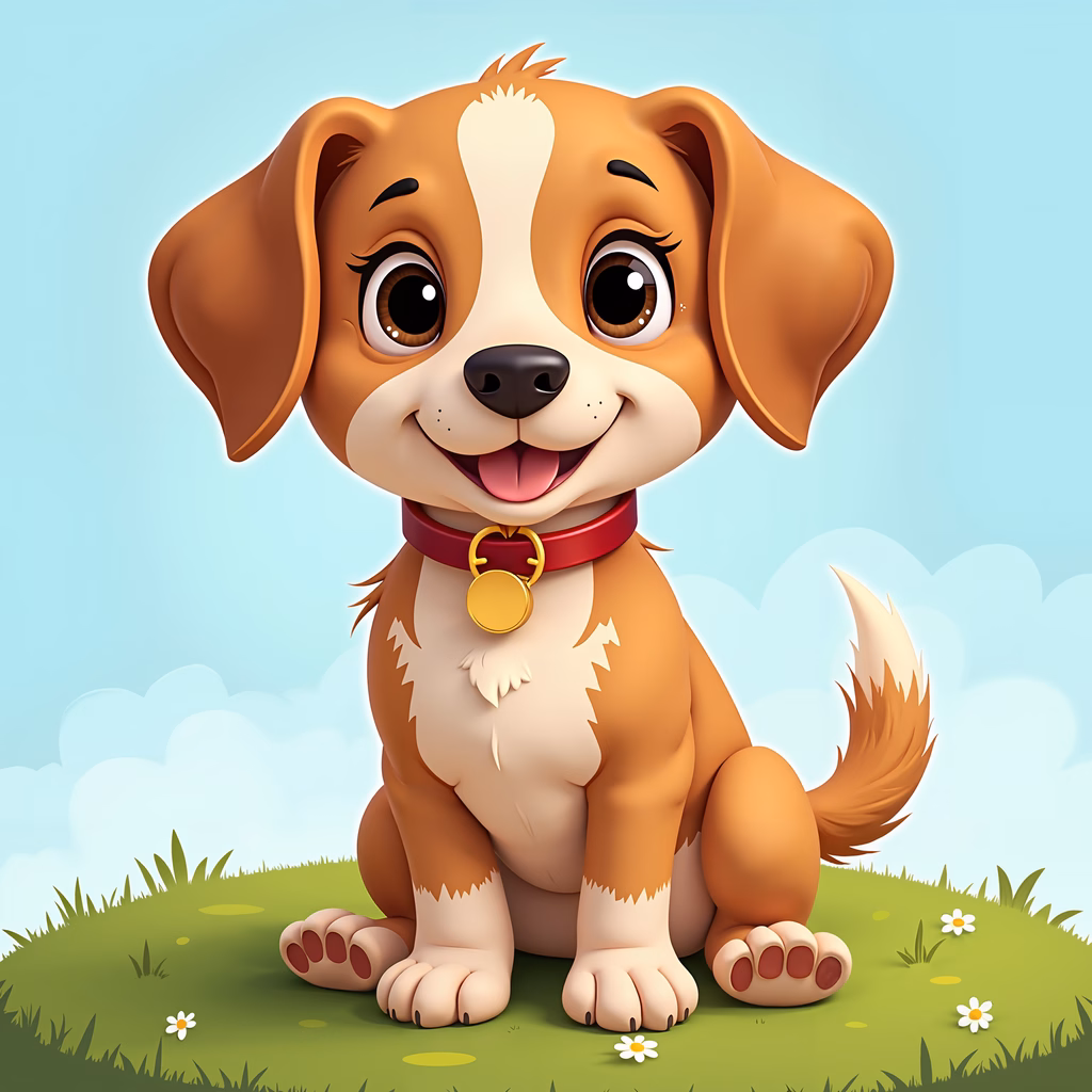 A cute cartoon puppy sitting on a grassy hill under a blue sky, exuding joy and playfulness.
