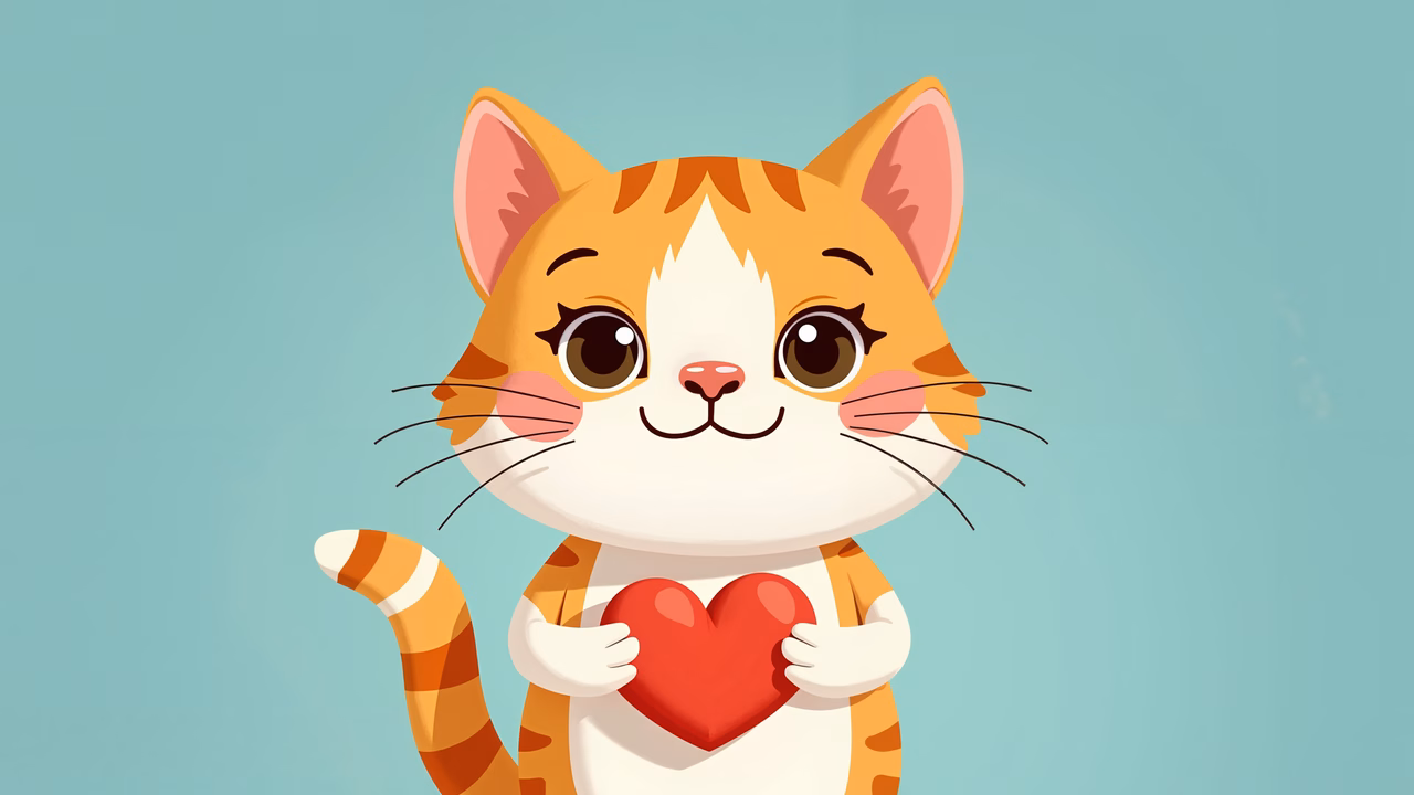 A sweet cartoon cat holding a heart, perfect for children’s art.