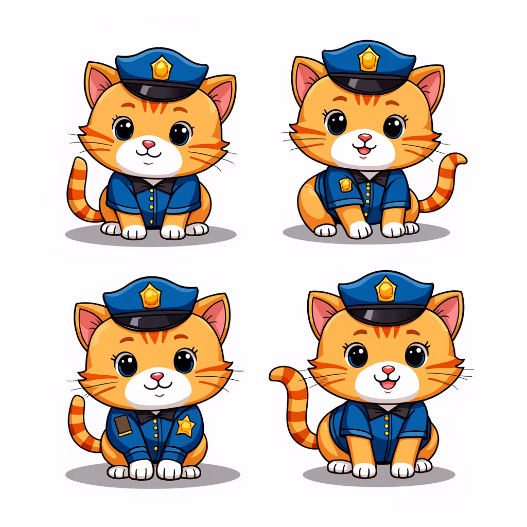 Four cute cats in police uniforms, dressed up and ready to protect and serve!