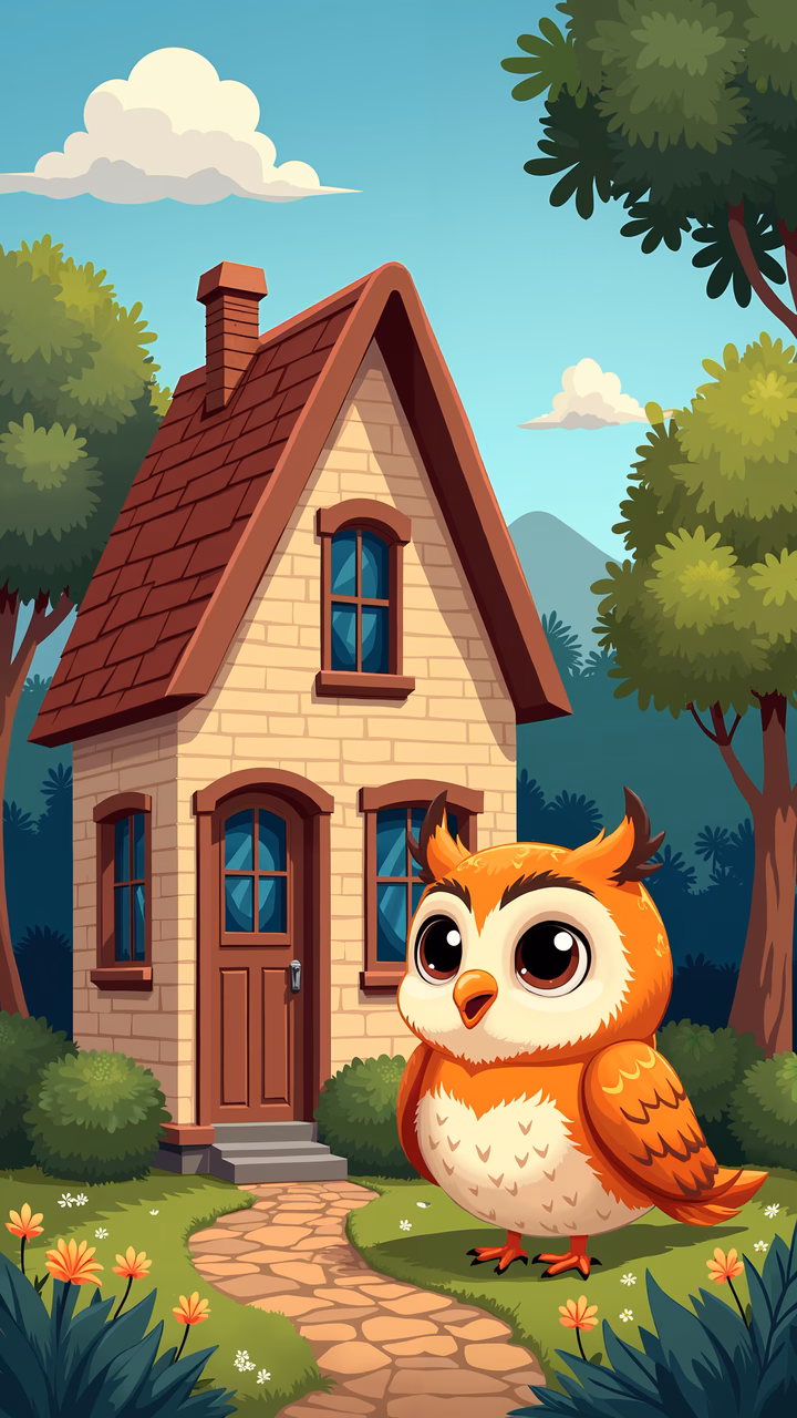 A whimsical illustration of an owl in front of a cozy cottage surrounded by nature.