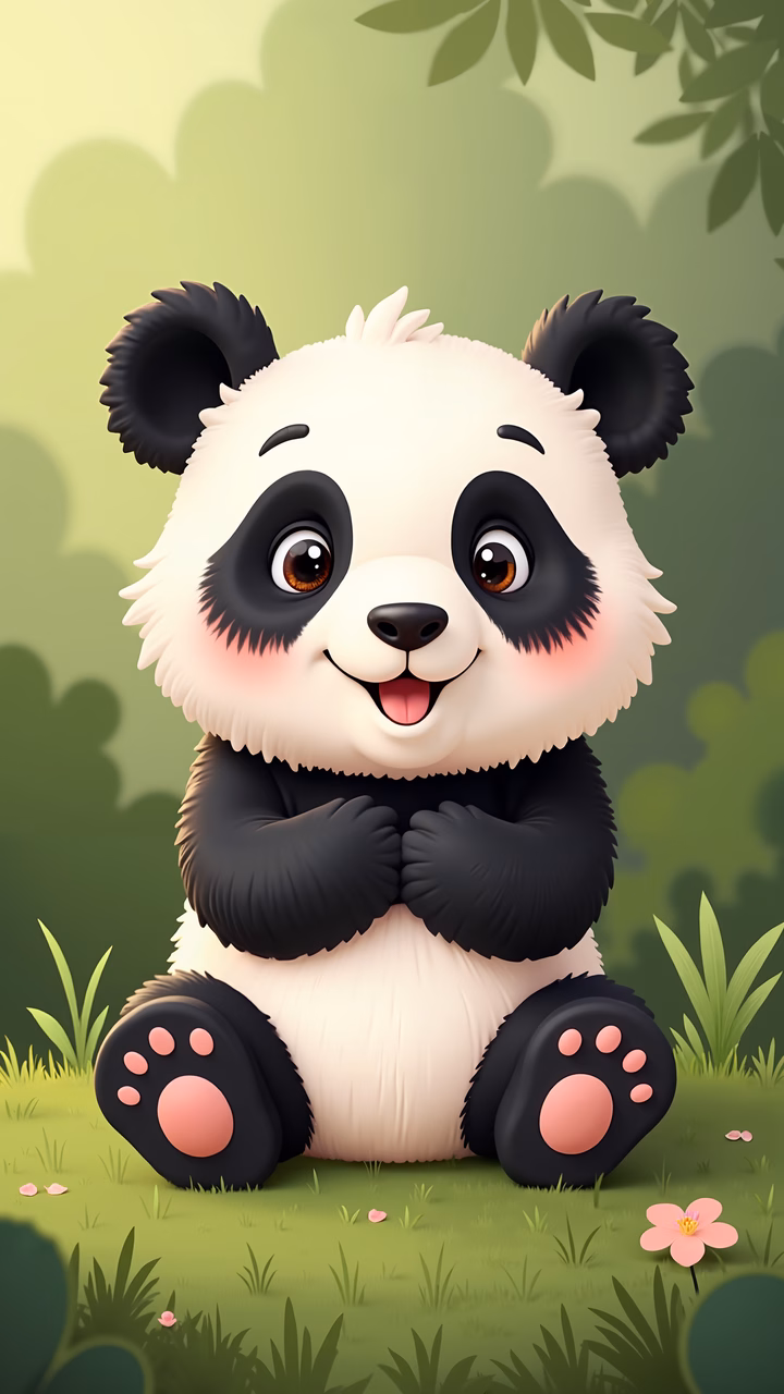 A delightful illustration of a panda sitting on a grassy patch surrounded by pink flowers.