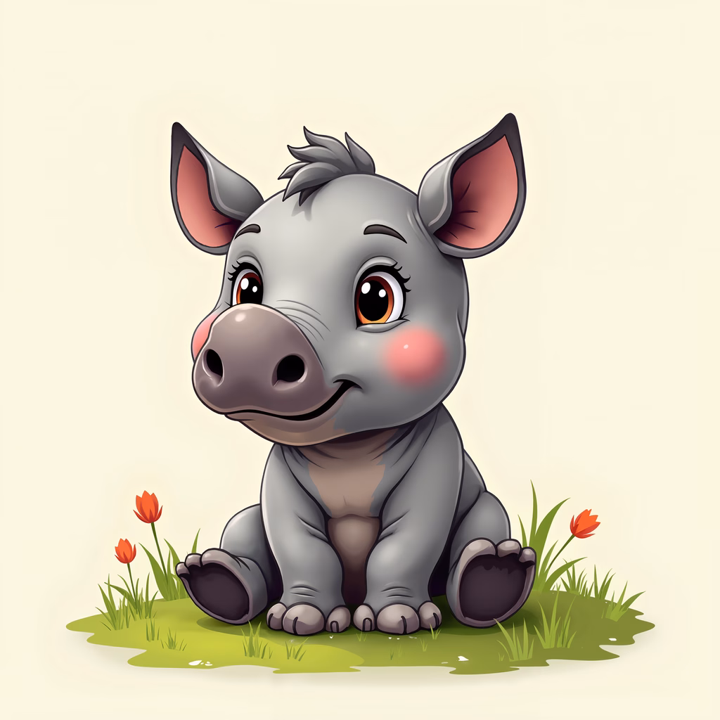 A cute baby rhino sitting on a meadow with red flowers, illustrating children's art.