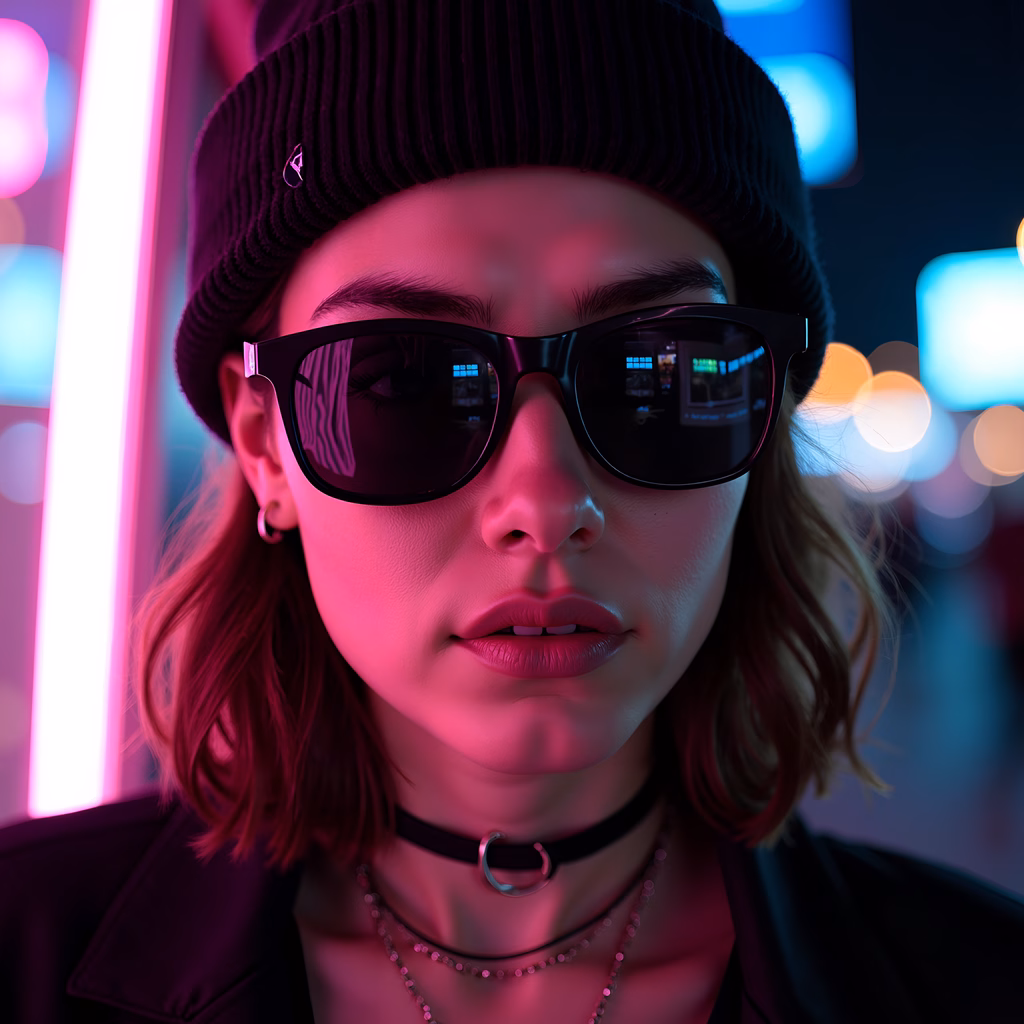 Cyberpunk portrait with neon lights and futuristic vibe.