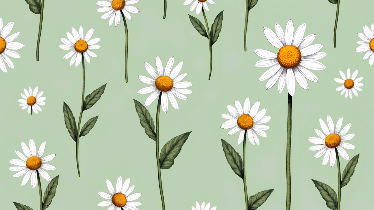 Delicate daisies on a soft green background, botanical art illustration.