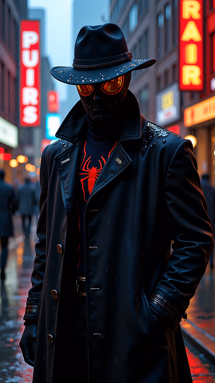 Dark Spider-Man in a neon-lit rainy cityscape, wearing a stylish black trench coat and reflective sunglasses.