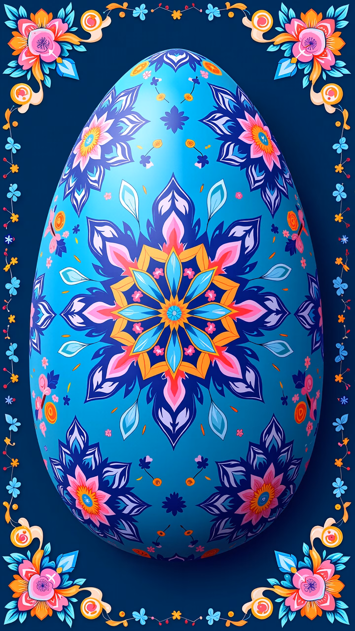Vibrant Easter egg illustration with intricate floral patterns and symmetrical mandala design.