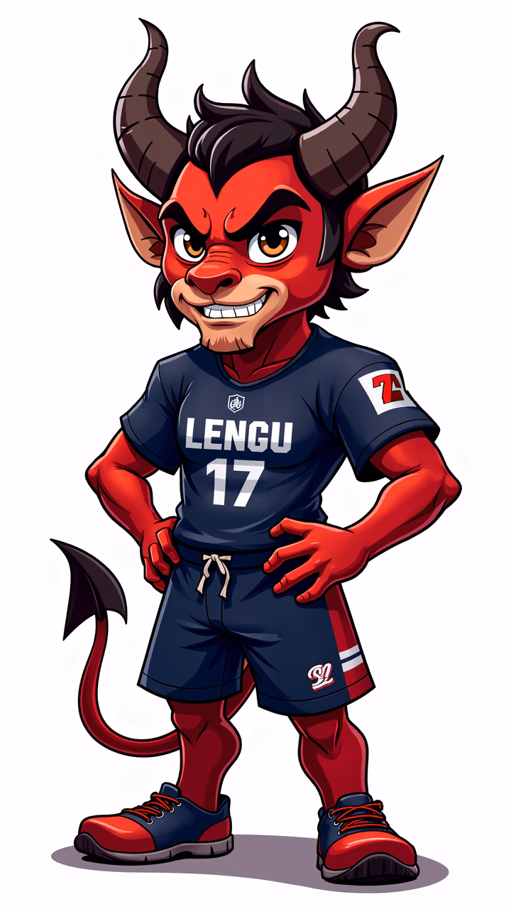 Cartoon devil mascot in sports jersey, bold colors, energetic vibe.