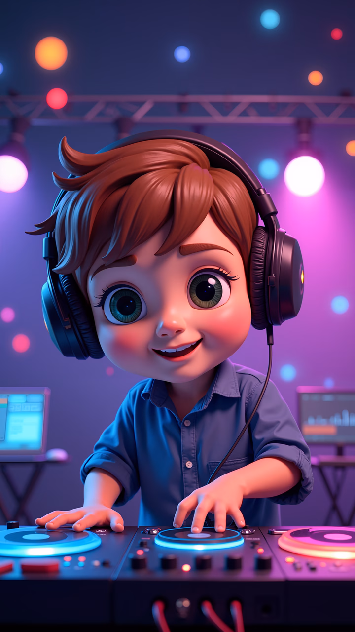A cheerful DJ kid with oversized headphones and a colorful DJ setup.