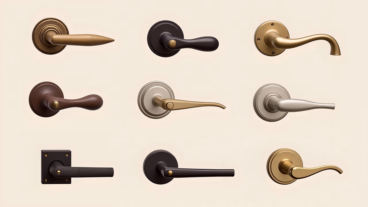 A collection of diverse door handles in various styles and finishes.