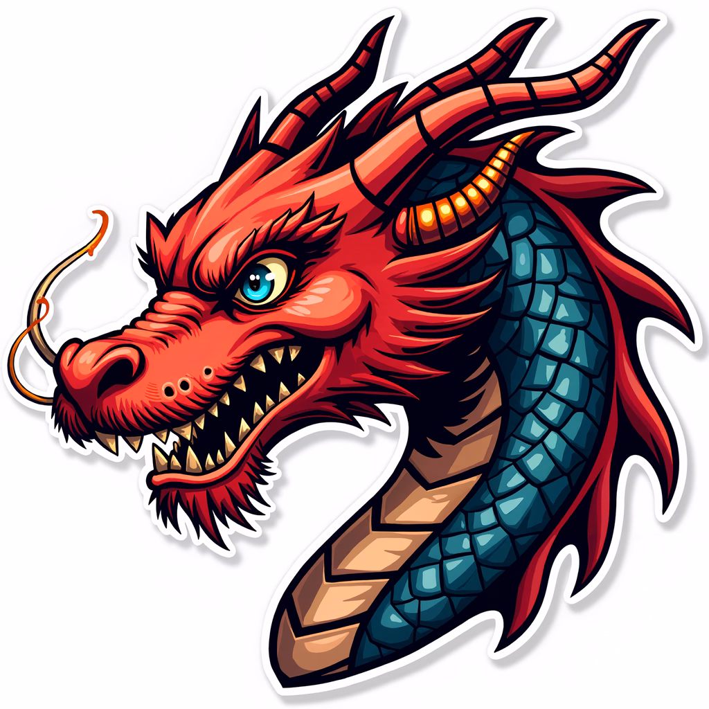 Vibrant dragon head illustration with sharp teeth and piercing eyes.