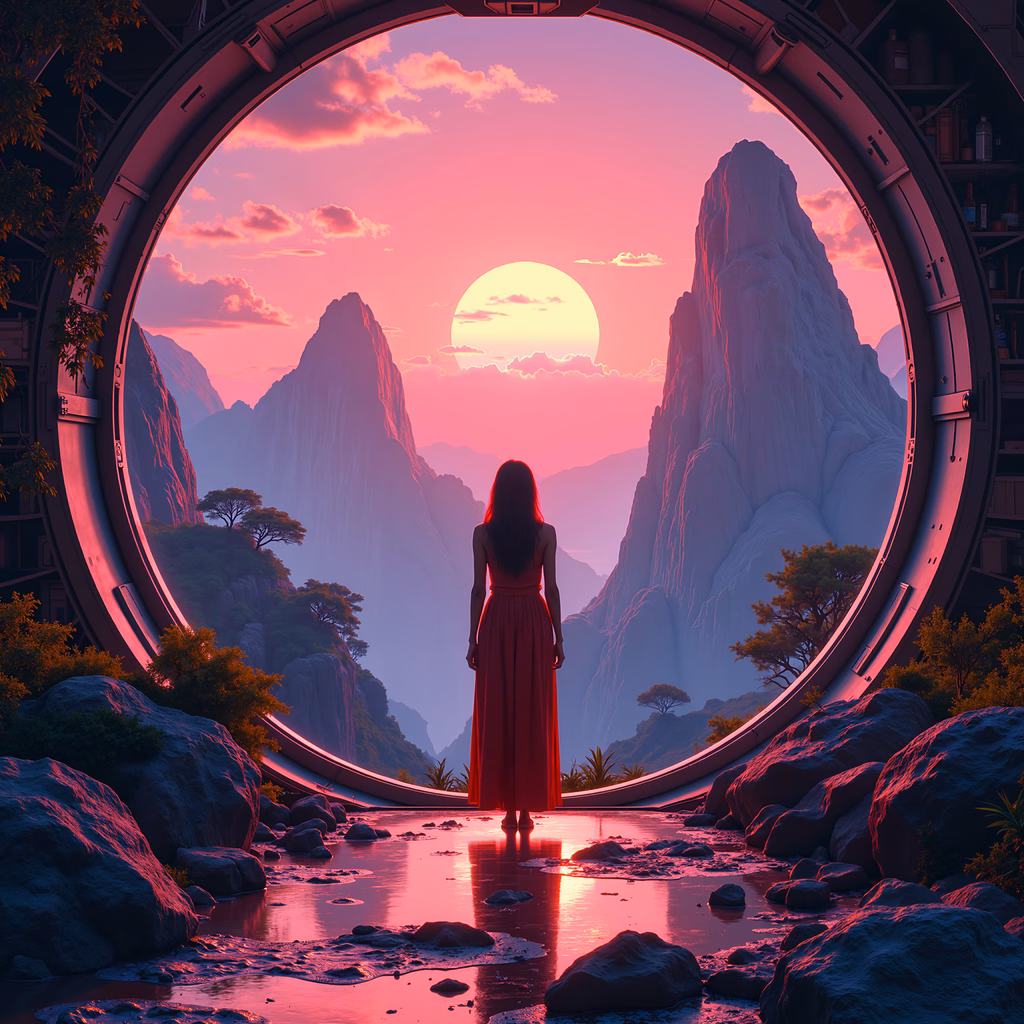 Woman in red dress gazes through a futuristic portal into a fantastical landscape at sunset.