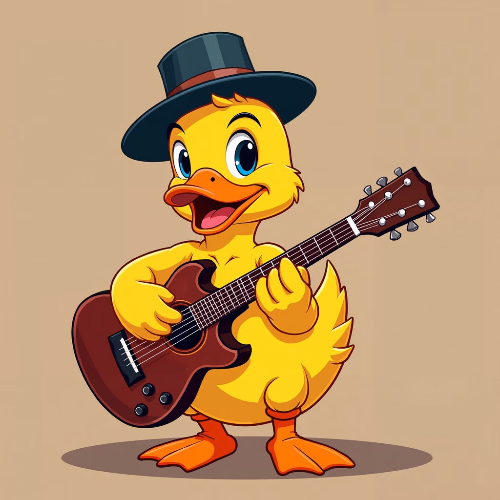 A joyful cartoon duck playing guitar, perfect for children’s art.