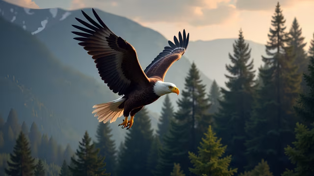 Eagle Soaring Over Forest