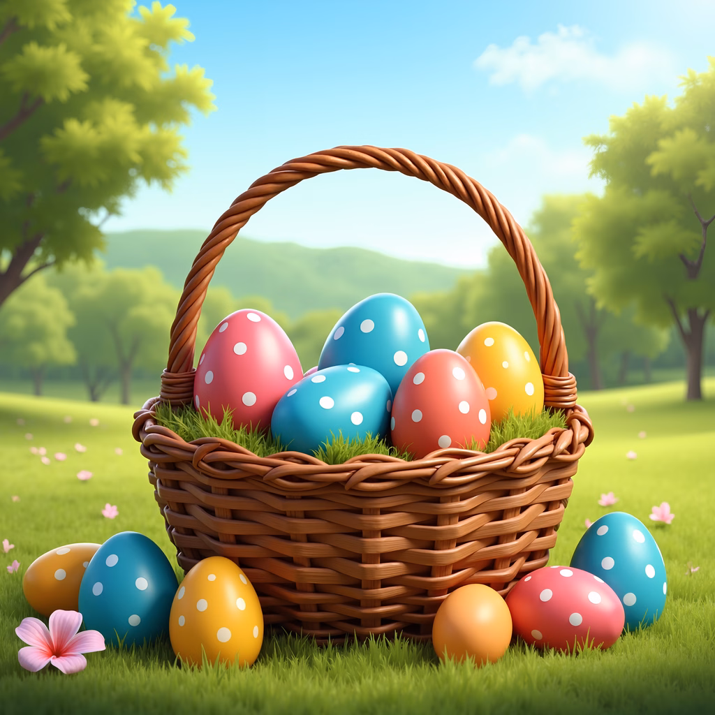 Colorful Easter eggs in a wicker basket amidst spring scenery.