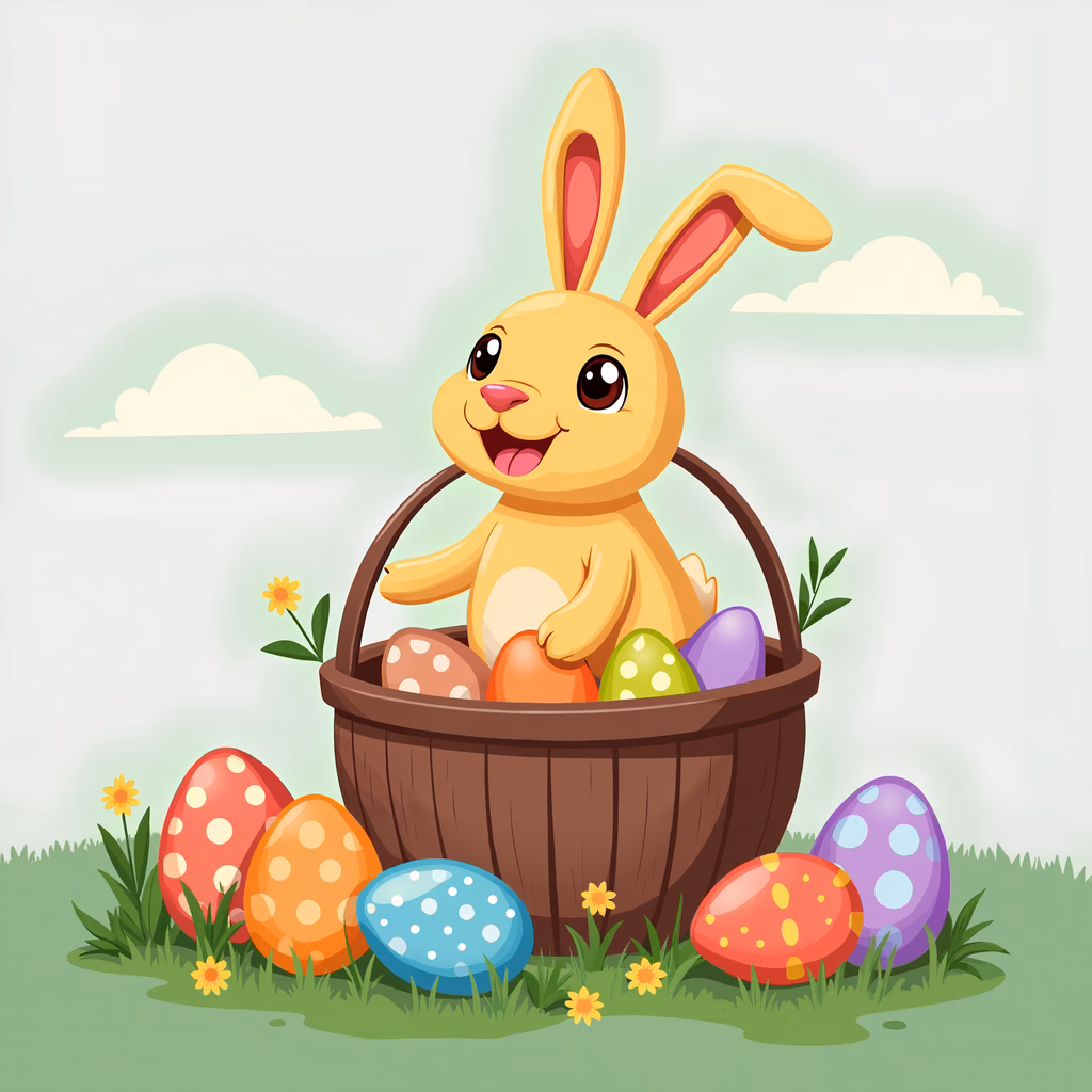 A cute Easter bunny with colorful eggs in a basket, celebrating springtime joy.