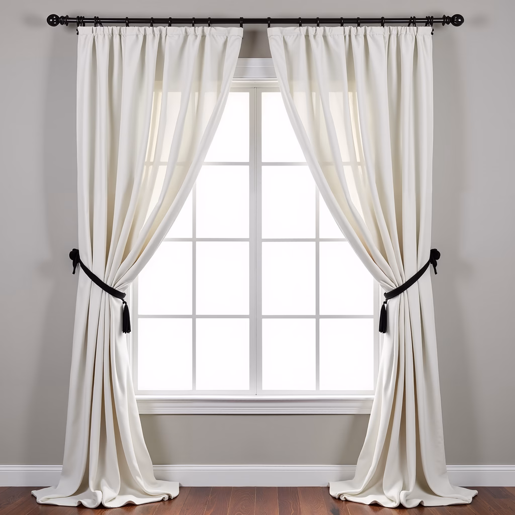 Elegant cream curtains with black tassels, minimalistic interior design, natural light, serene atmosphere.