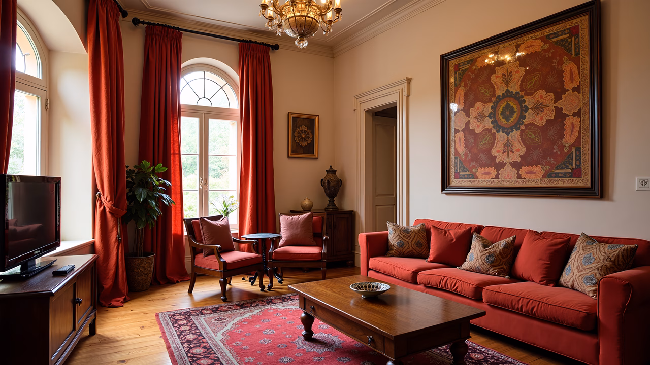 Warm and sophisticated living room with red accents and traditional decor.
