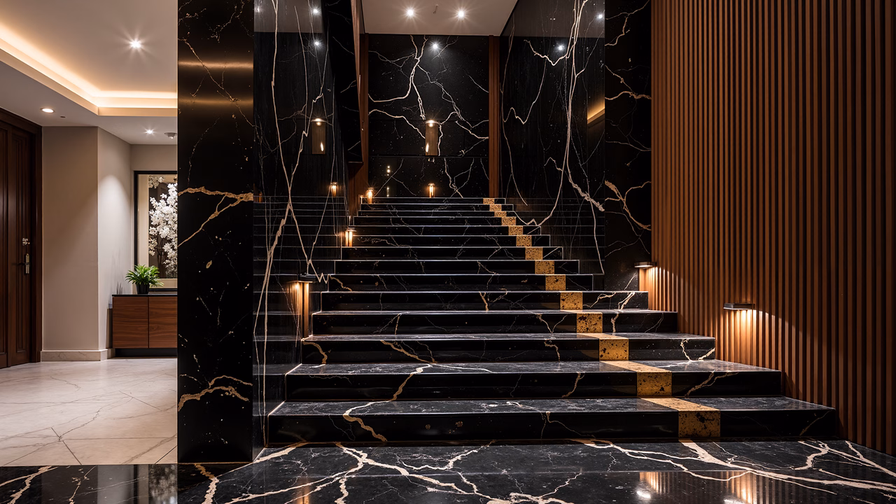 Luxurious black marble staircase with gold accents and warm wood paneling.