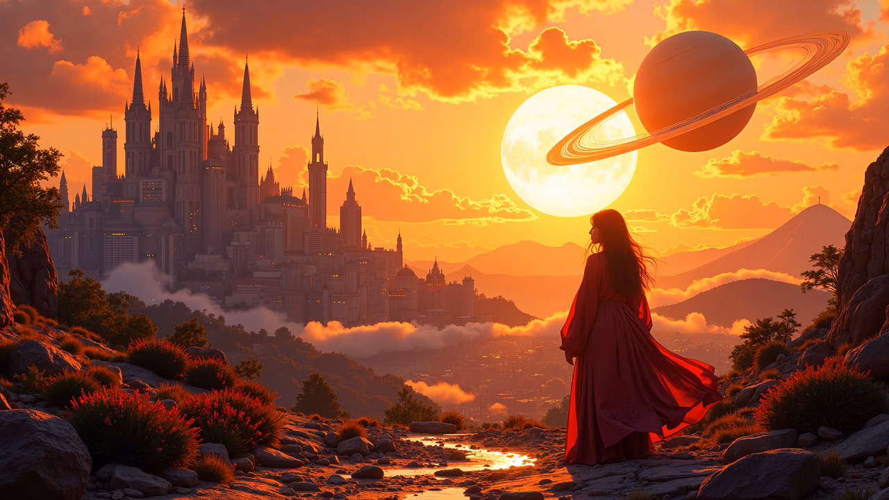Woman in red dress admiring a fantastical sunset cityscape with a ringed planet.