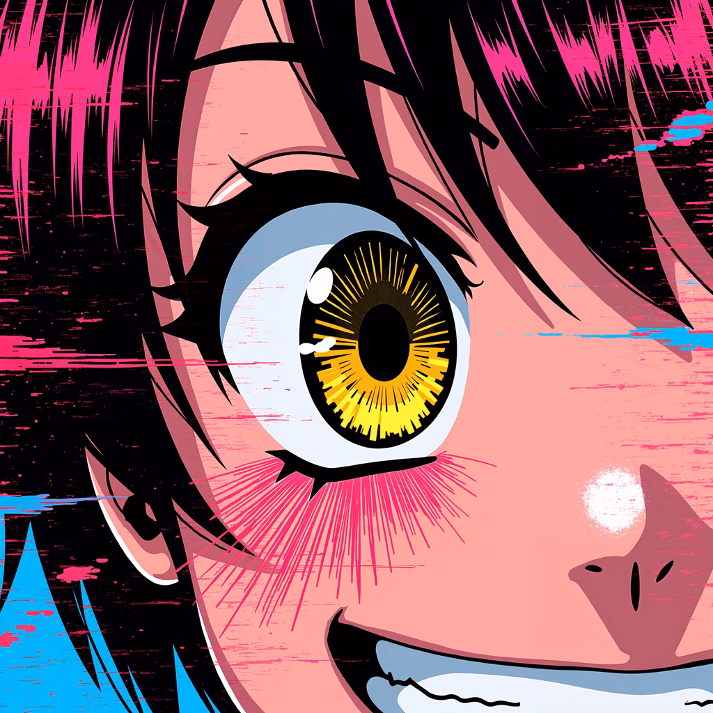 Bold pop art illustration featuring a large, expressive eye with vibrant colors and dynamic brushstrokes.