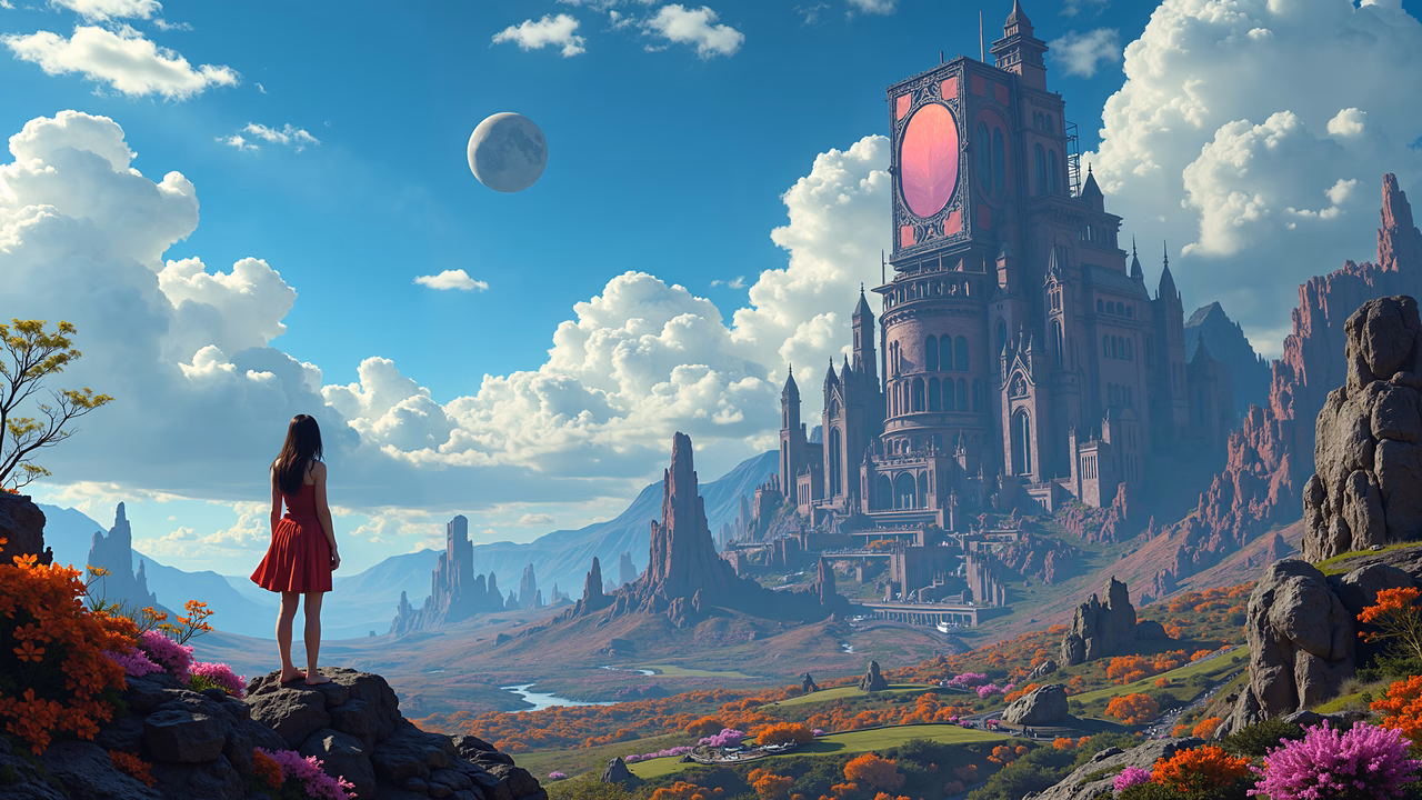 A solitary figure admires a fantastical castle amidst a picturesque autumn landscape.
