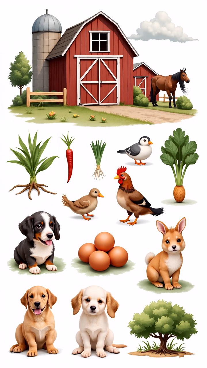A delightful farm scene with animals and produce, perfect for children’s books and educational materials.