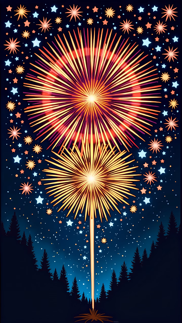 Vibrant fireworks display against a starry night sky, celebrating joy and festivity.