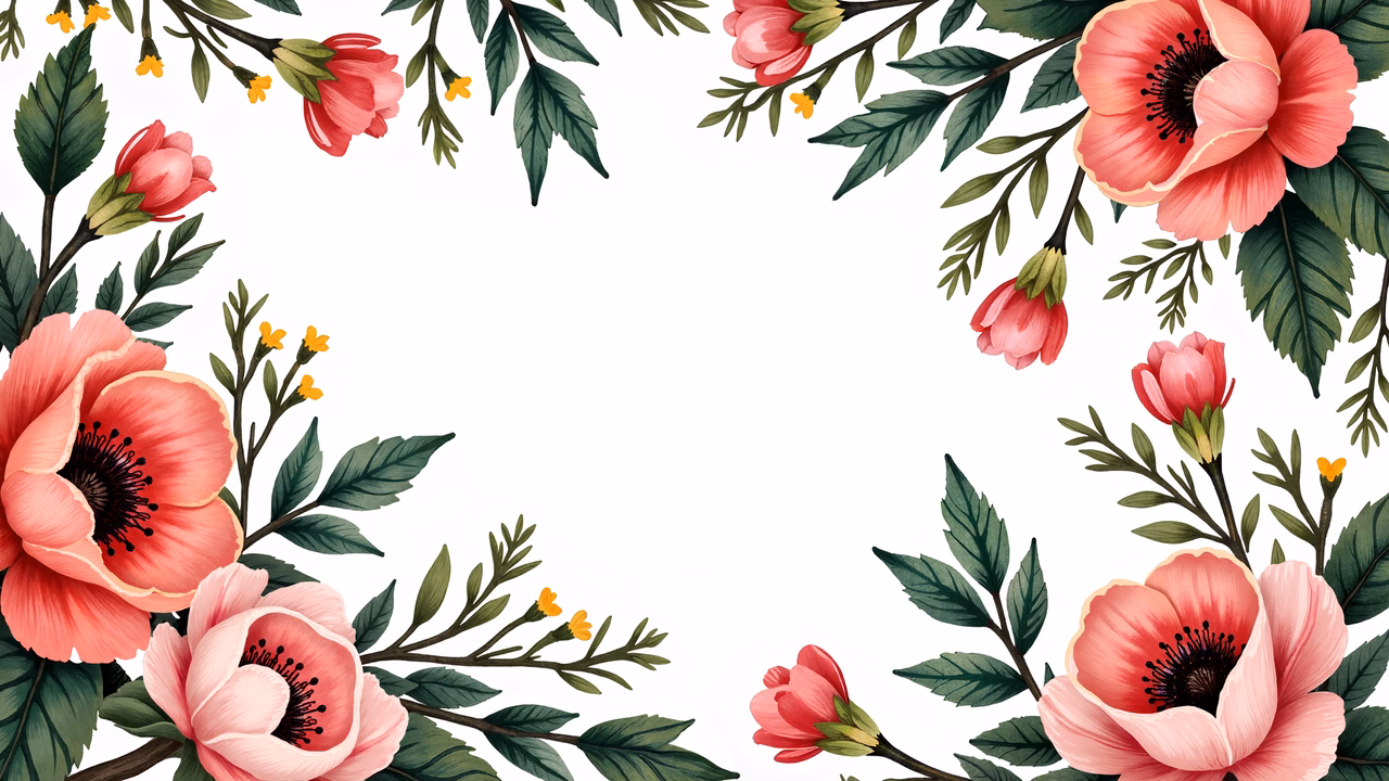 A floral border illustration with pink poppies and green leaves on a white background.