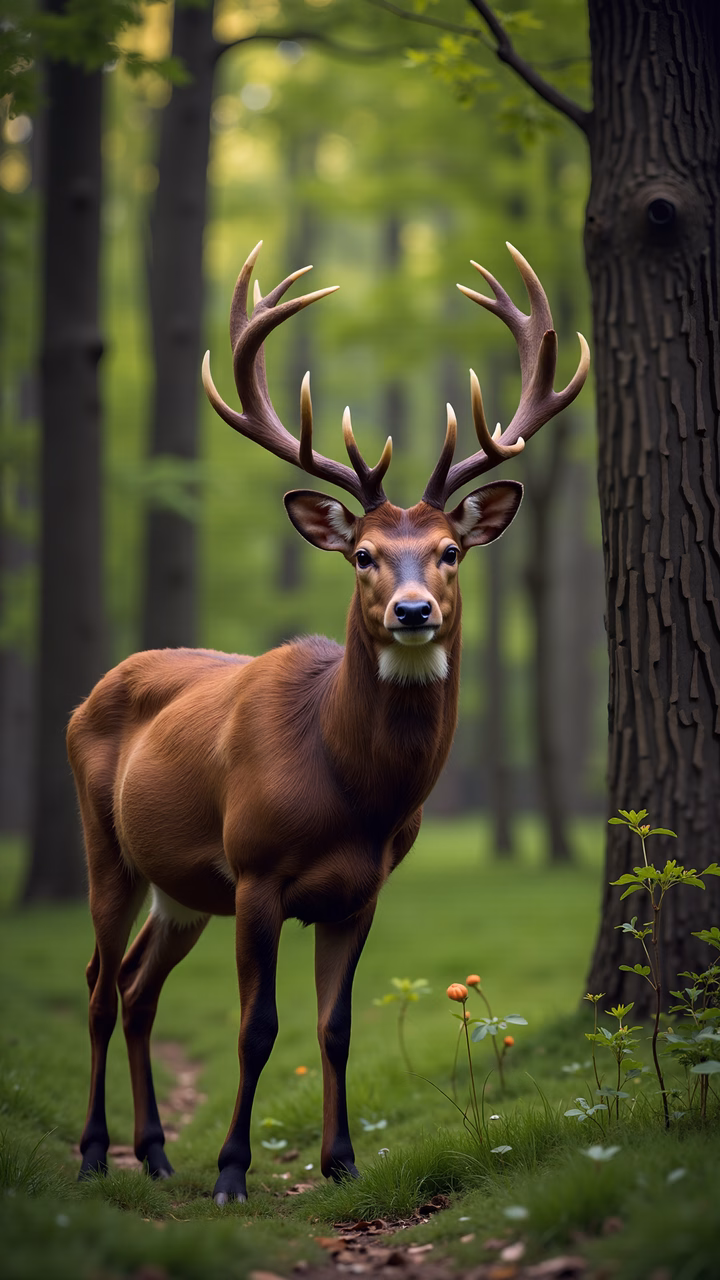 A serene forest scene featuring a majestic deer amidst lush greenery.