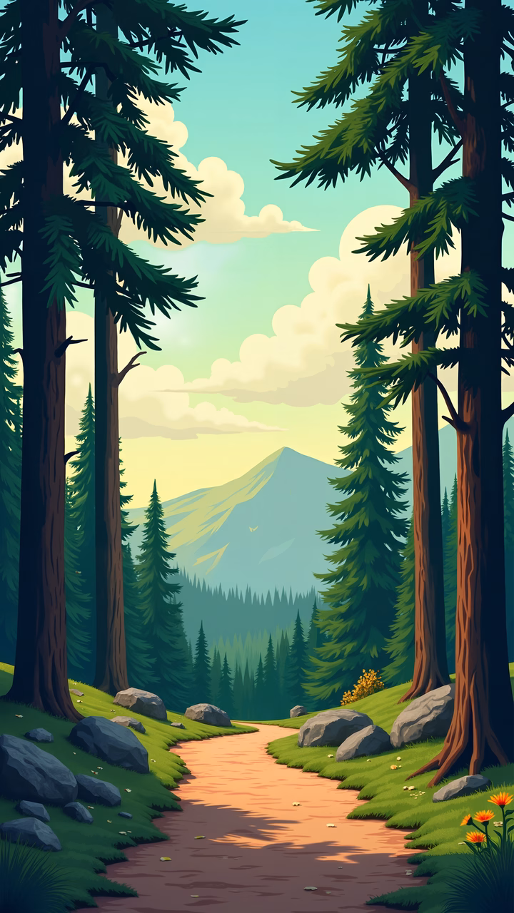 A peaceful forest path surrounded by tall pines and rolling hills under a soft sky.