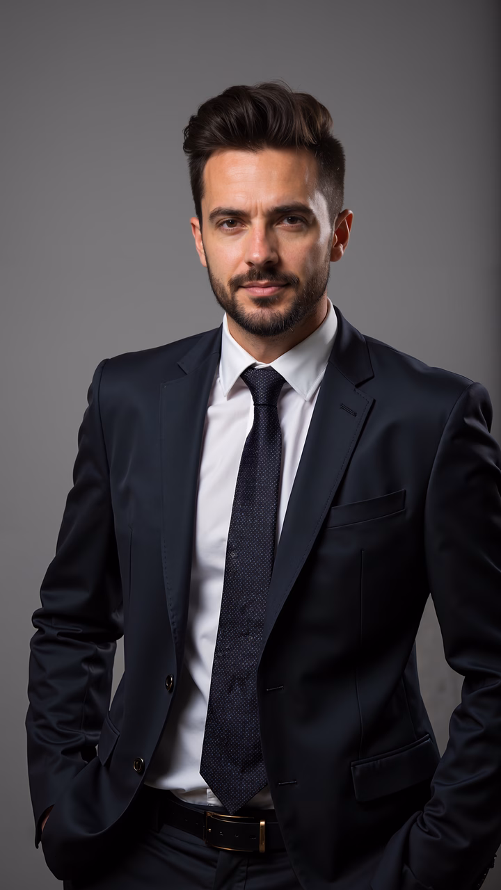 Elegant formal portrait of a man in a black suit against a gray backdrop.